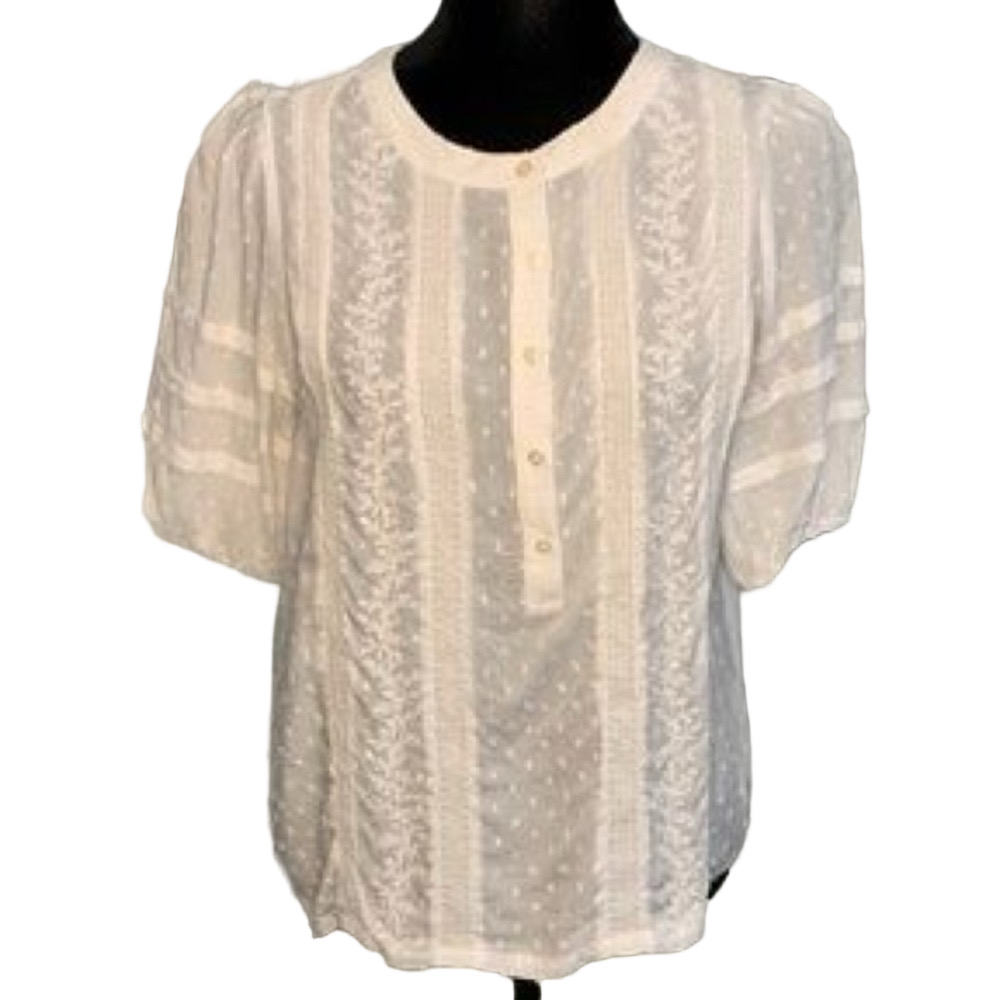 LOFT Cream Relaxed Boho Swiss-Dot Blouse with Mandarin Collar NWT - Picture 2 of 4